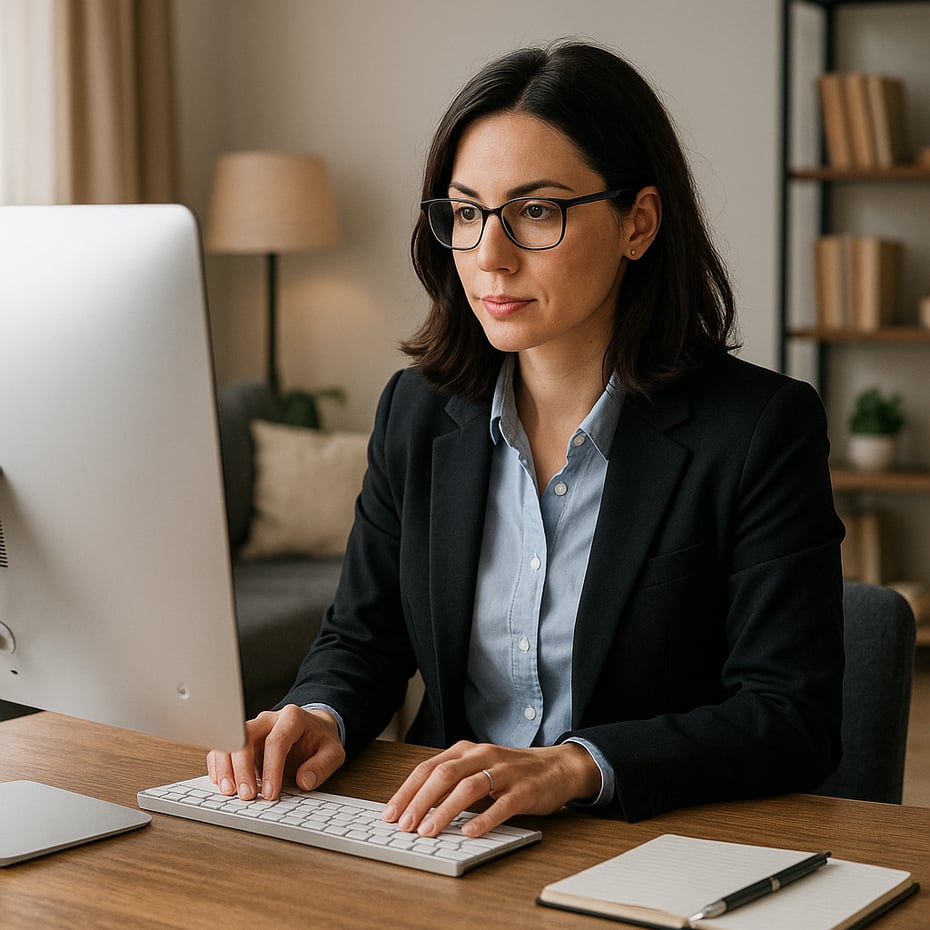 A professional woman working on a computer at home